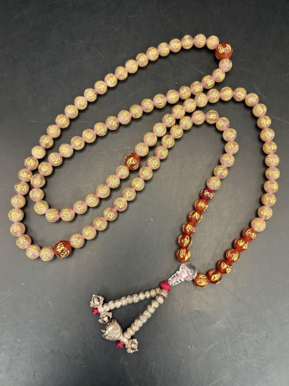 Vintage Buddhist Mala Prayer Beads w/ Heavy Ornate Sterling Silver Tassel